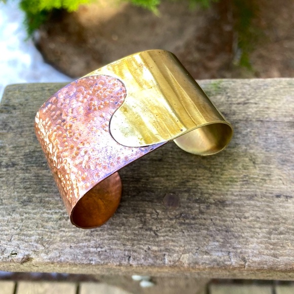 Hand Crafted Jewelry - BRACELET Handmade Vintage Cuff Brutalist Mexico Copper Brass Mixed Metals